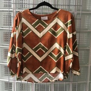Odette Firenze Rust and Olive Geometric Print Blouse
